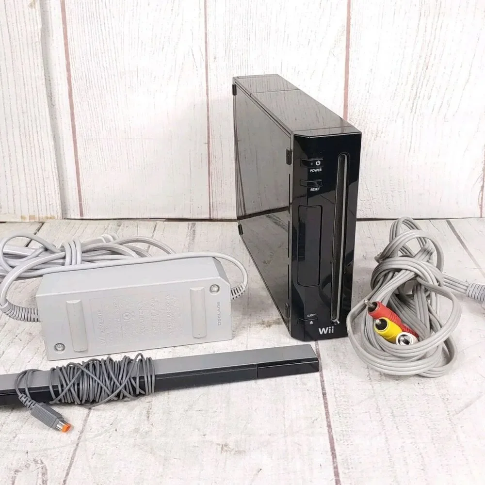 Nintendo Wii Black Console Bundle - RVL-001 TESTED WORKING - Cables + Sensor Bar